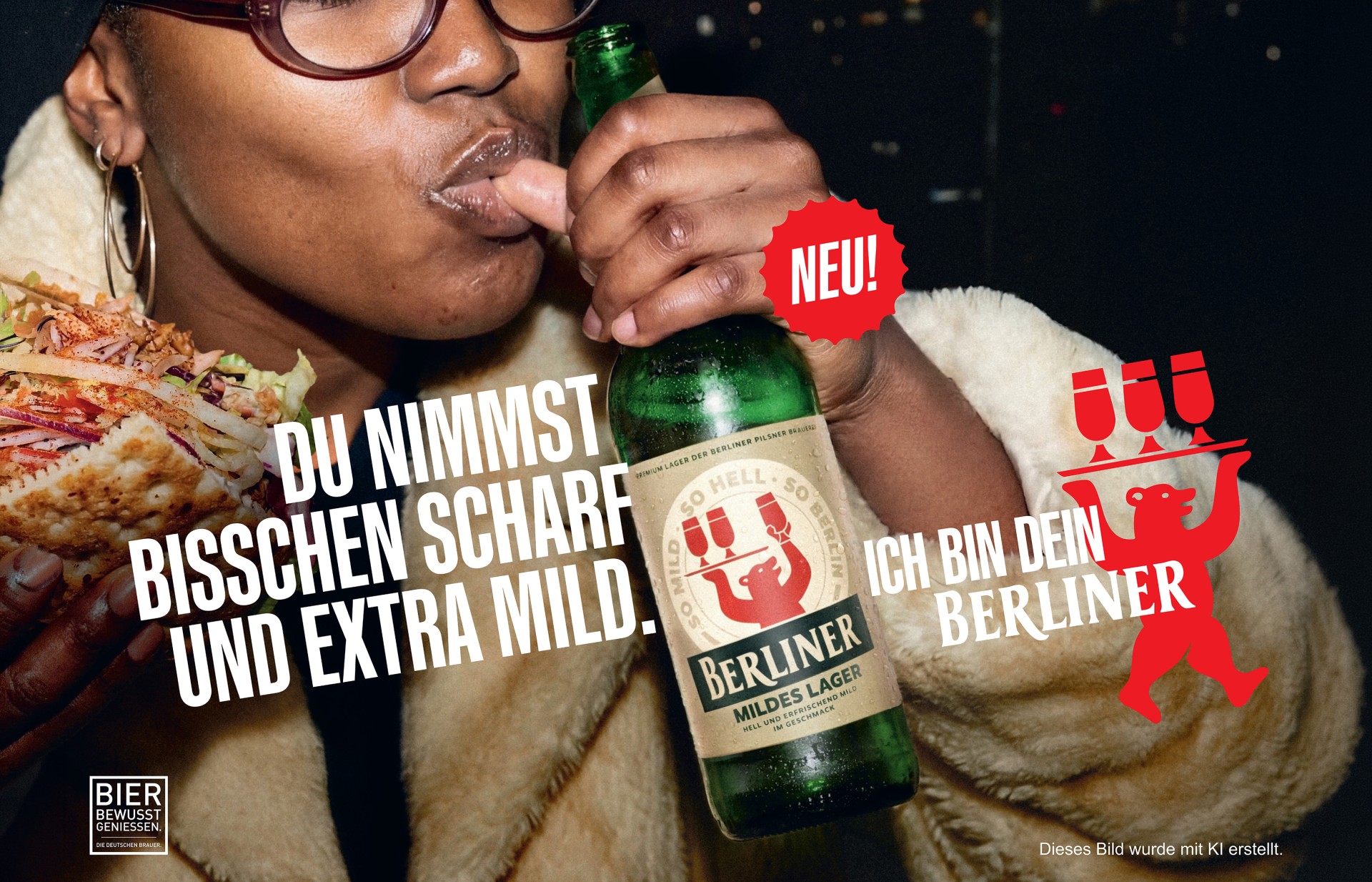 Eine junge Frau hat einen Döner in der rechten Hand und in der linken Hand eine Flasche Berliner Mildes Lager.
