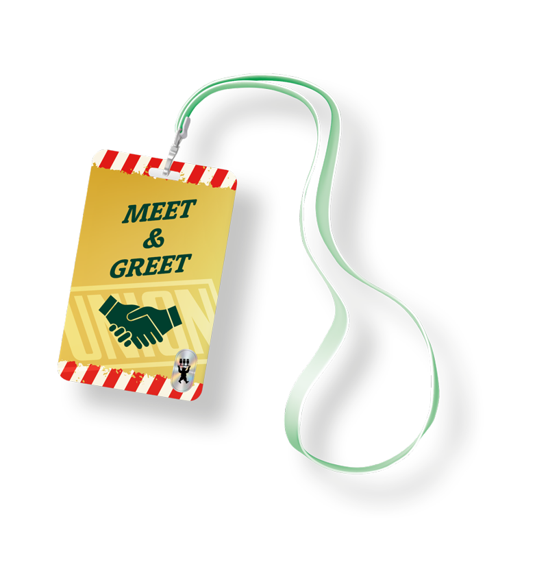Ein TIcket zum Umhängen, mit einer Aufschrift Meet and Greet und ein Logo mit 2 Händen die sich gereicht werden.