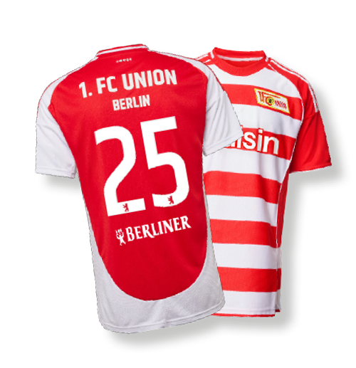 Ein Spielertrikot mit der Aufschrift erster FC Union Berlin mit der Nummer 25 auf der Rückseite.