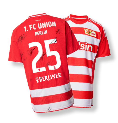 Ein Spielertrikot mit der Aufschrift erster FC Union Berlin mit der Nummer 25 auf der Rückseite.