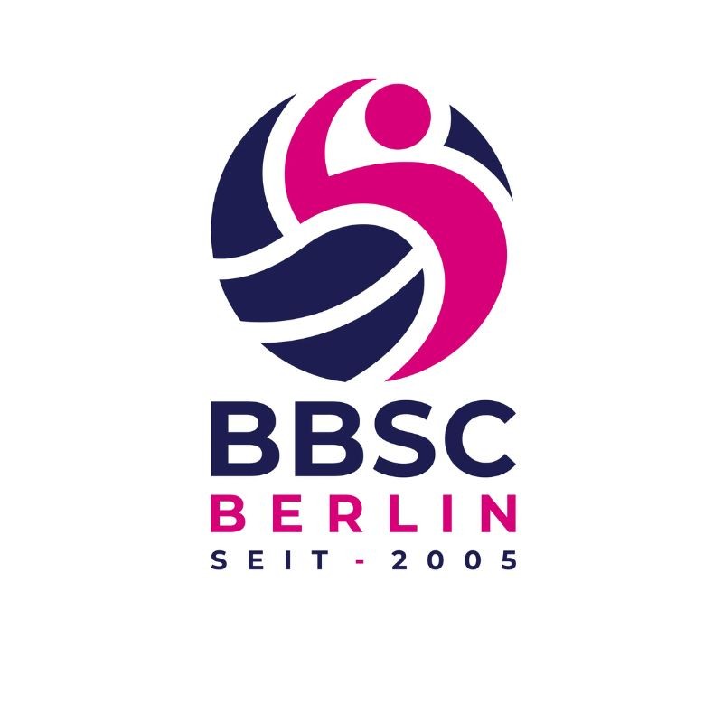 Logo des BBSC Berlin. Stilisierter Volleyballspieler in Pink und Blau. Darunter 