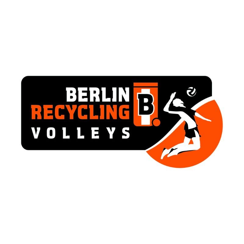 Logo der Berlin Recycling Volleys: Schwarzer Hintergrund, orangefarbene Schrift und Silhouette eines Volleyballspielers.